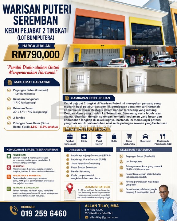 Warisan Puteri Seremban 2 Tingkat Kedai Pejabat (Lot Bumiputera), Negeri Sembilan, Seremban