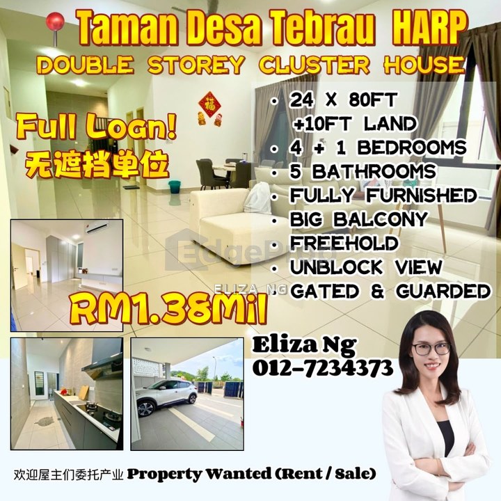 Full loan Desa Tebrau Harp Jalan Rebab Unblock View renovated Double Storey Cluster for Sale 34*80, Johor, Johor Bahru