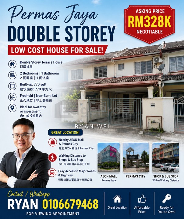 Permas Jaya Double Storey Low Cost House For Sale , Johor, Johor Bahru